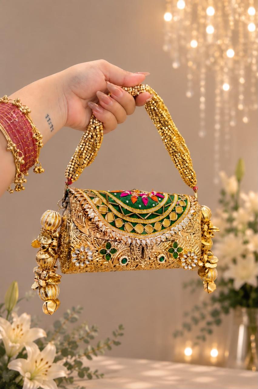 Gulnaar Metal Trunk Potli Clutch, Green