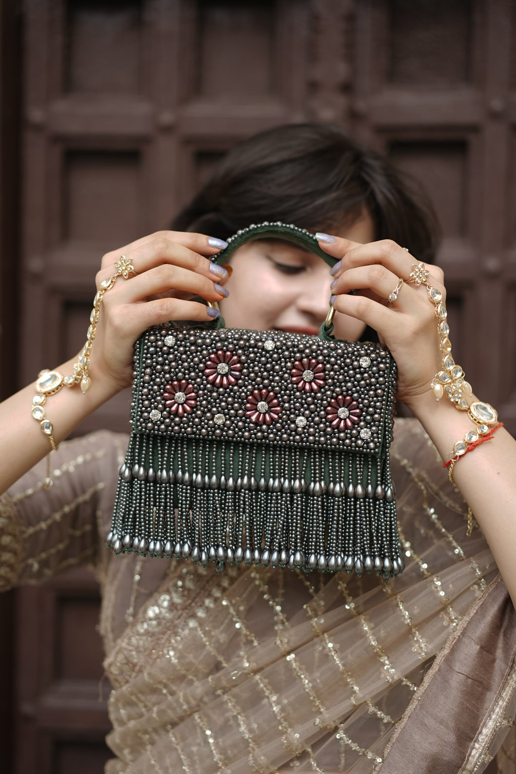 Emerald Bloom Pearls Beaded Bag