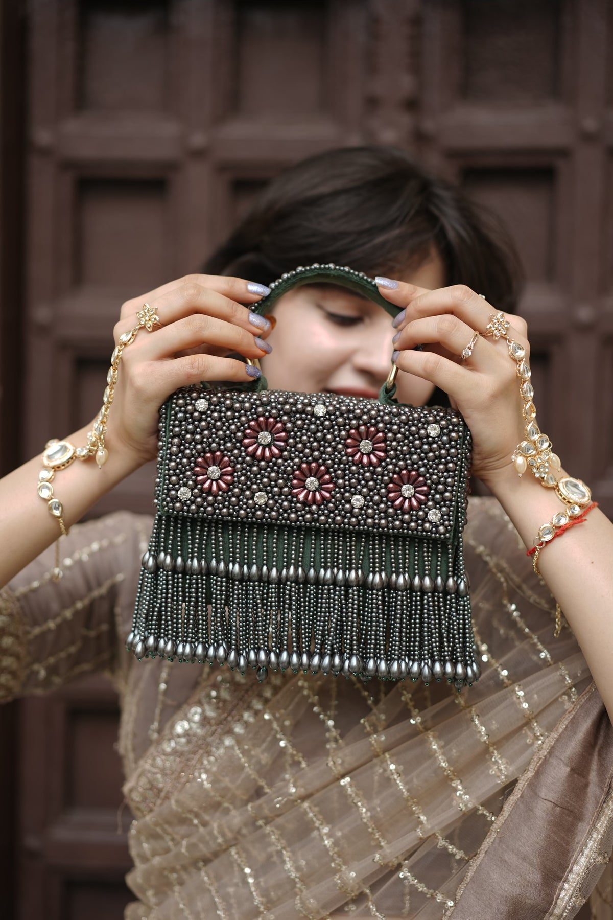Emerald Bloom Pearls Beaded Bag