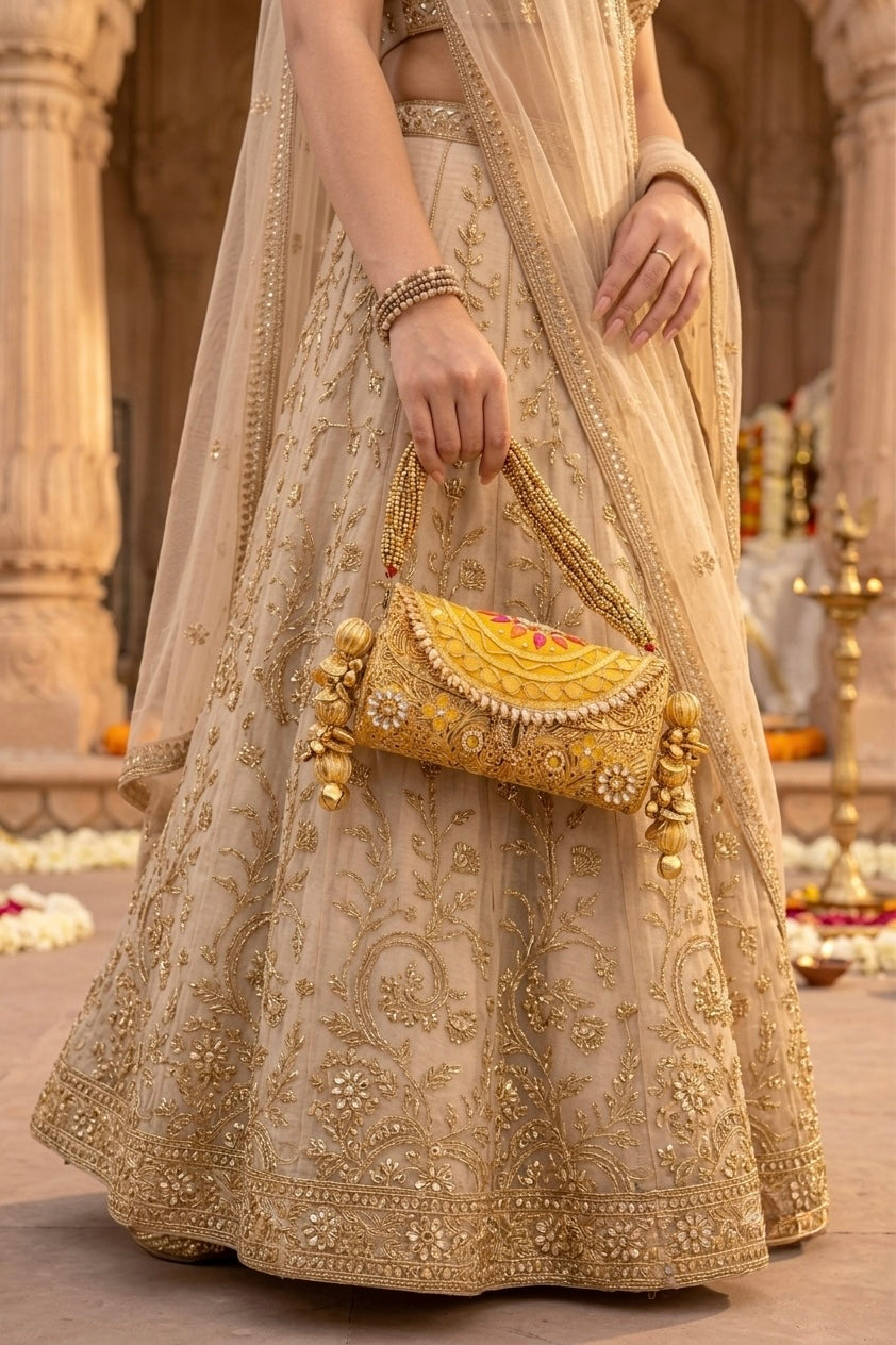 Gulnaar Metal Trunk Potli Clutch, Yellow