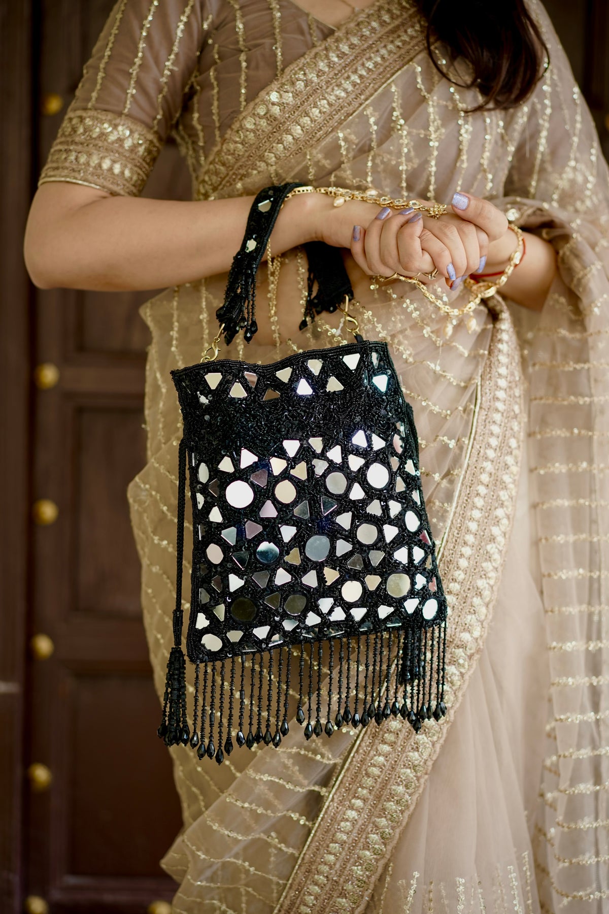 Black Mirror Fringe Potli Bag