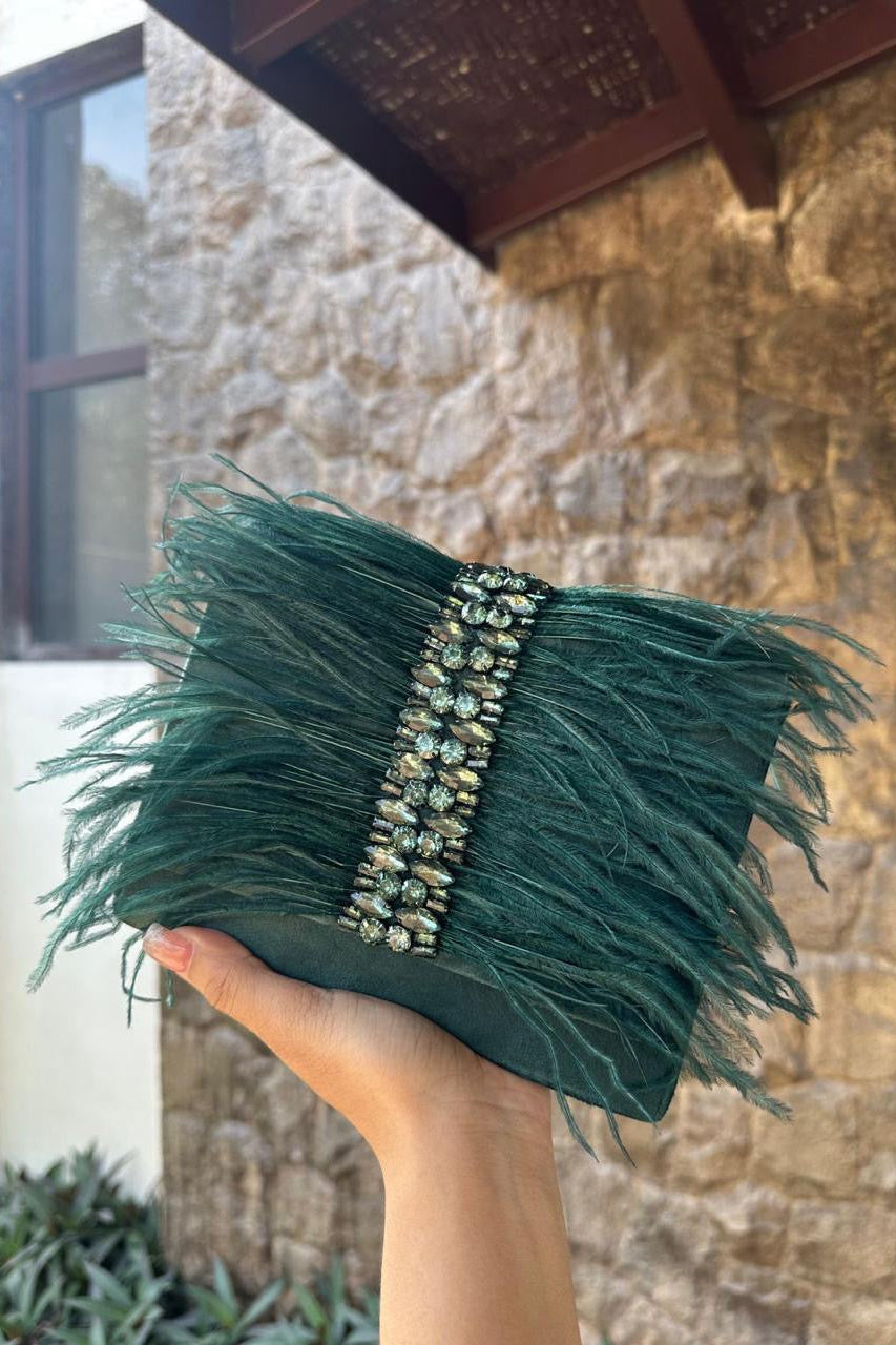 Emerald Green Feather Clutch