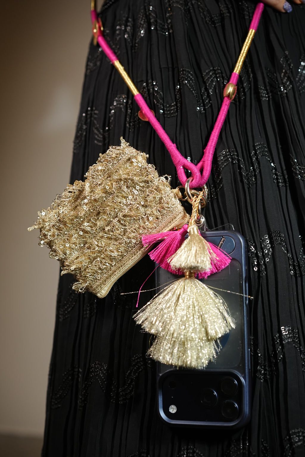 Luxe Tassel Pink and Gold Phone Pouch+Sling