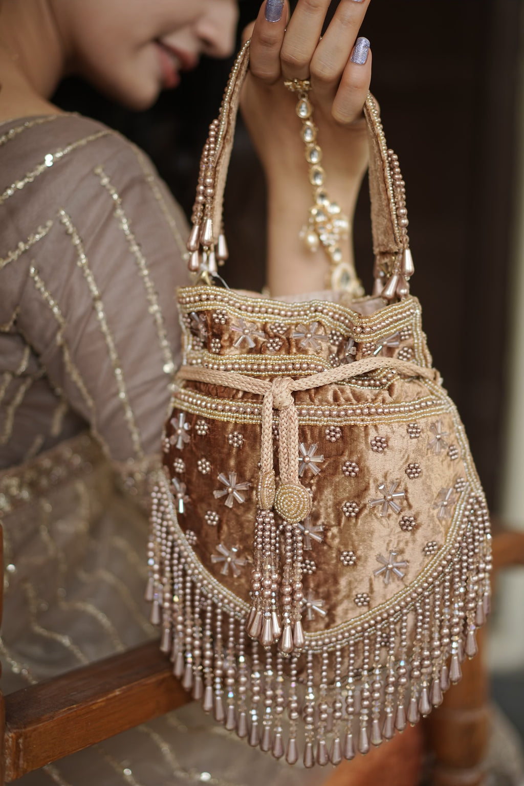Champagne Pearl Velvet Potli Bag