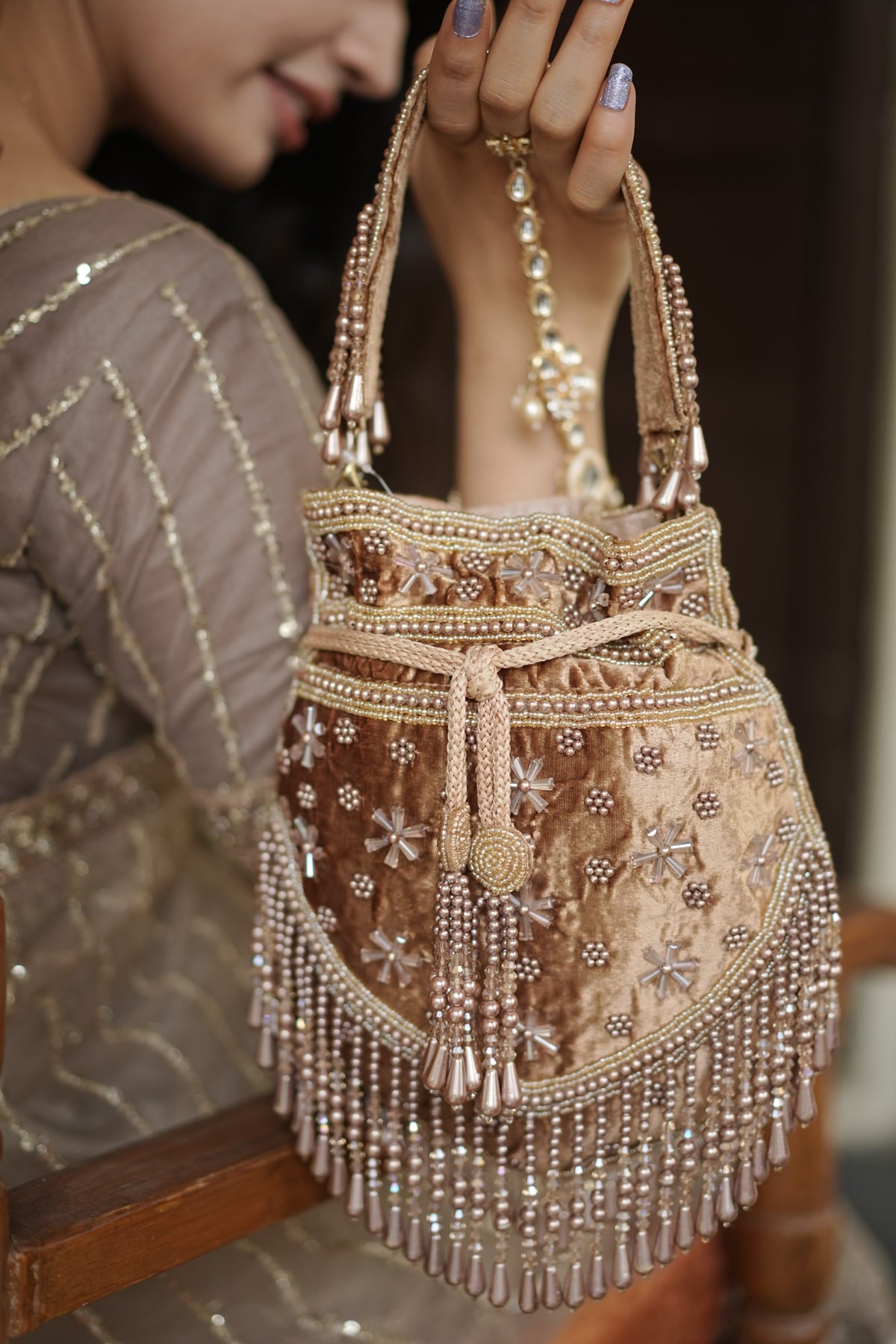 Champagne Pearl Velvet Potli Bag