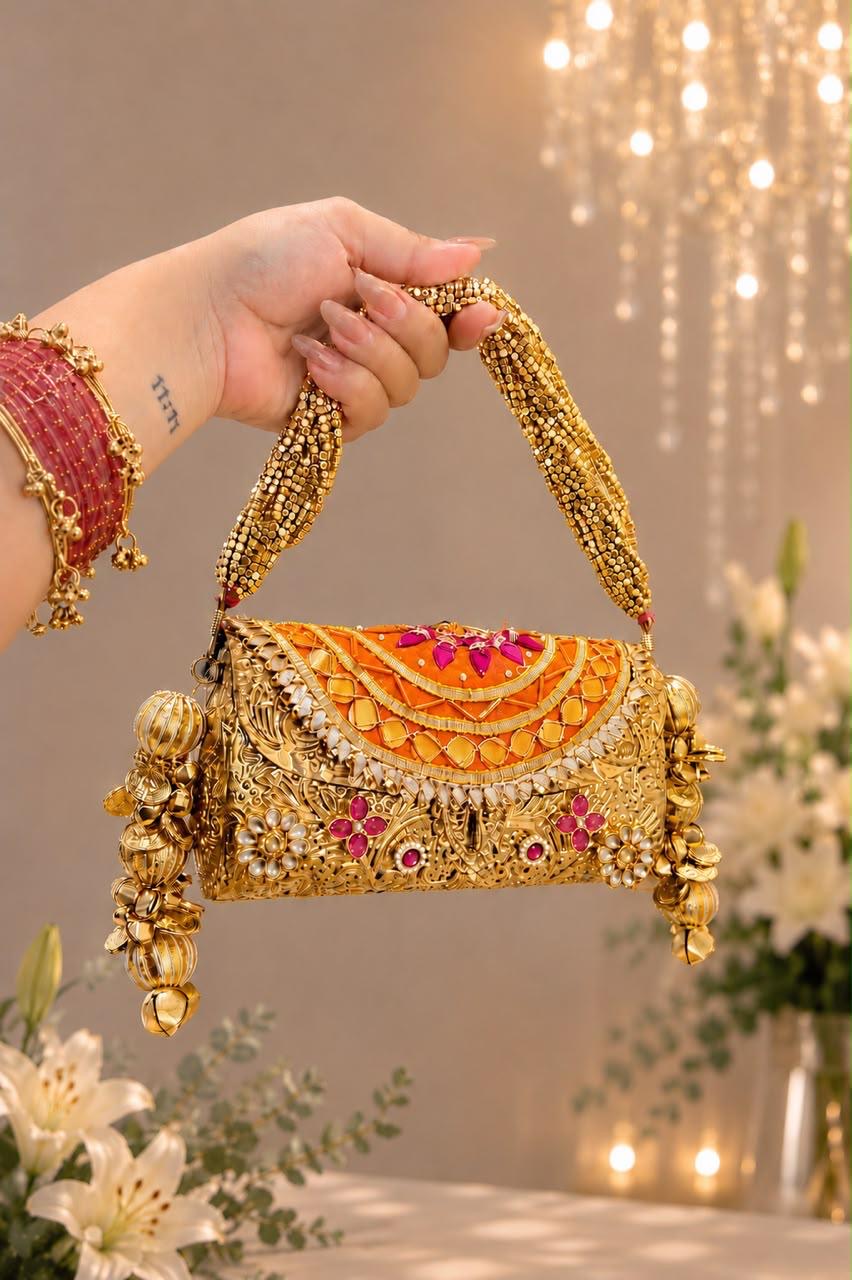 Gulnaar Metal Trunk Potli Clutch, Orange