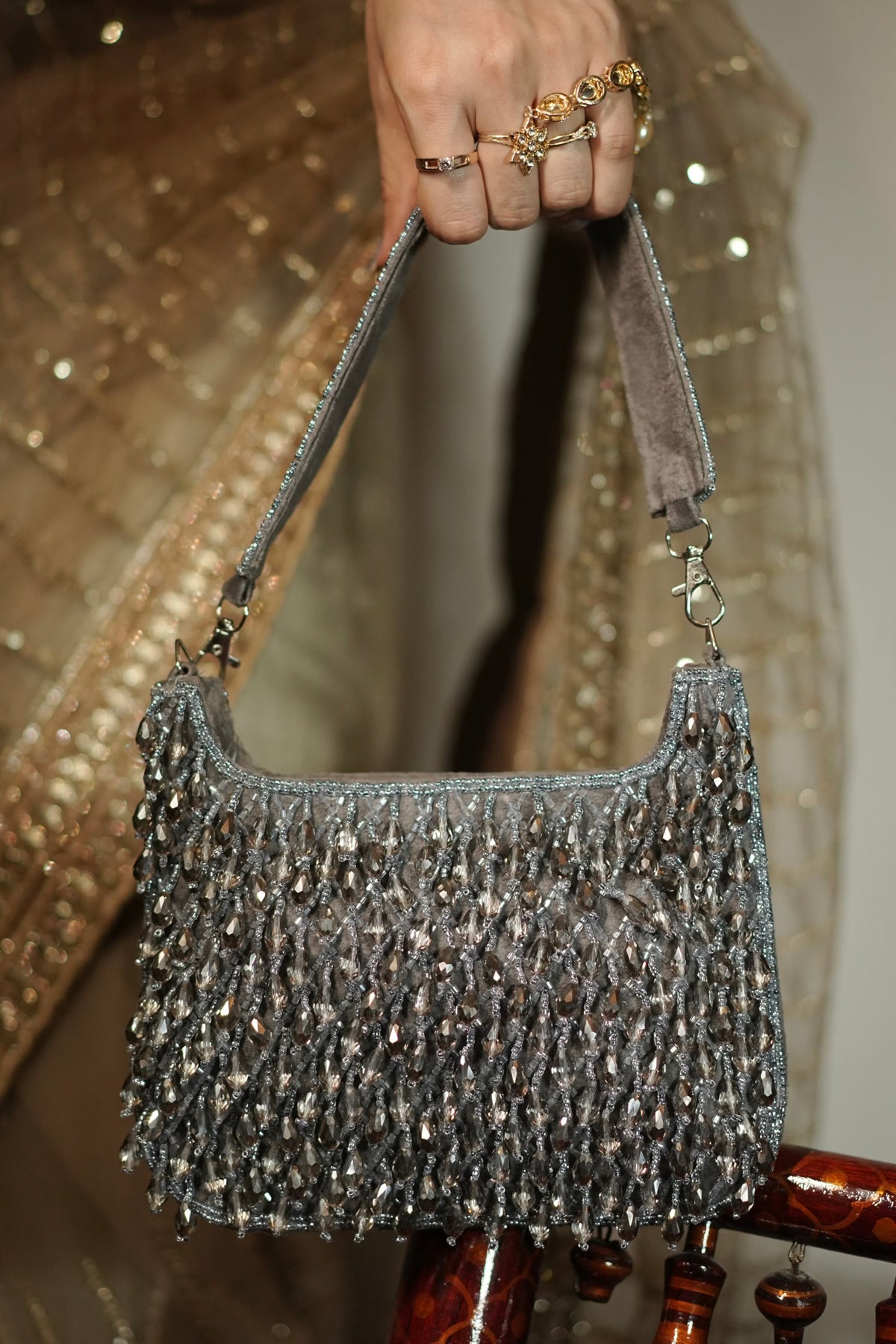 Noor Grey Crystal Fringe Shoulder Bag