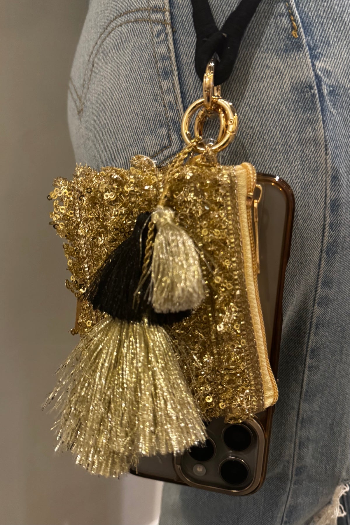 Luxe Tassel Black and Gold Phone Pouch+Sling